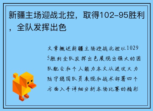 新疆主场迎战北控，取得102-95胜利，全队发挥出色